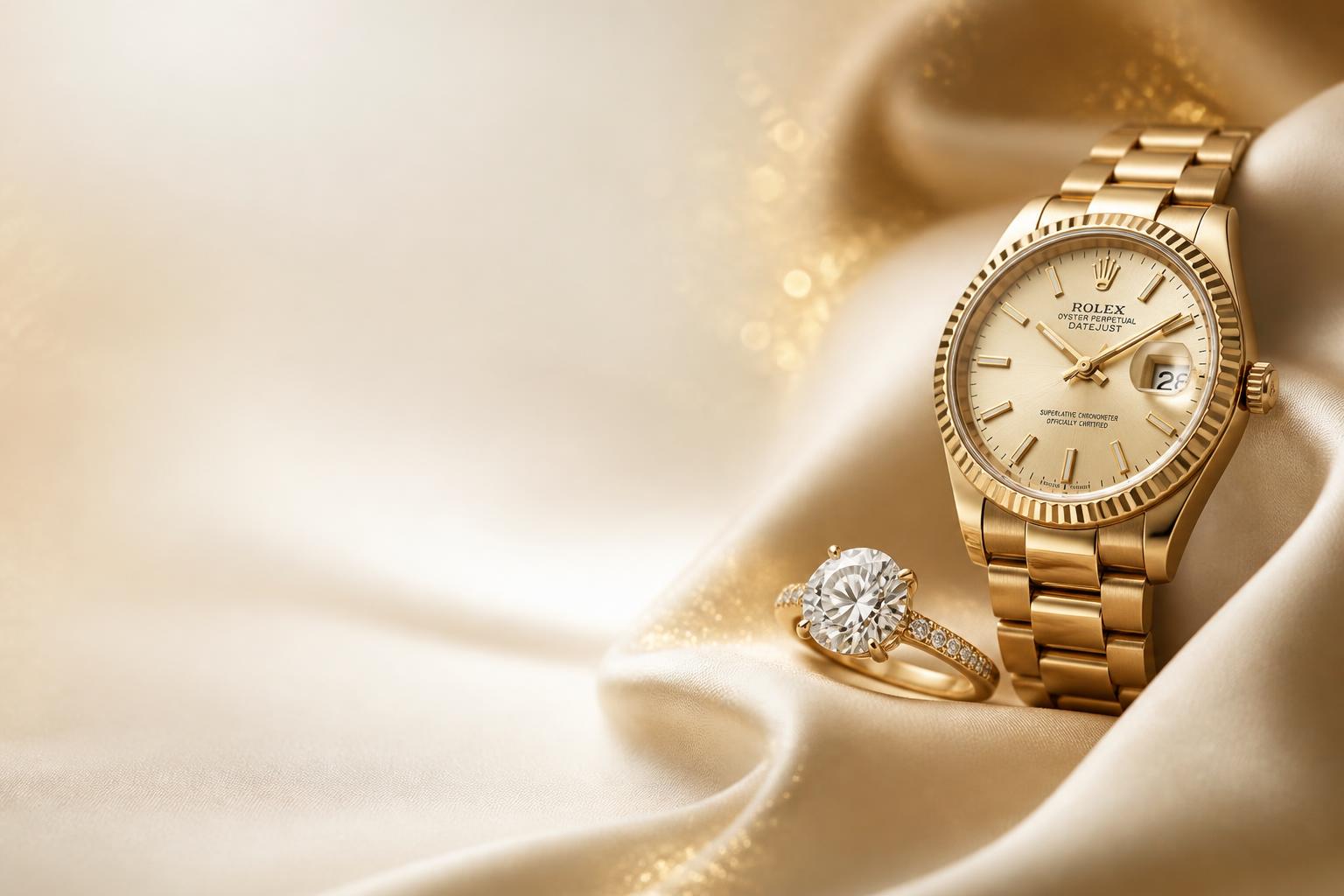 Diamond ring and gold watch on a soft studio backdrop